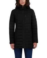 Women's 3/4 Midweight Stretch Puffer Jacket with Hood, Black, Medium, Black, M Women's 3/4 Midweight Stretch Puffer Jacket with Hood, Black, Medium, Black, M