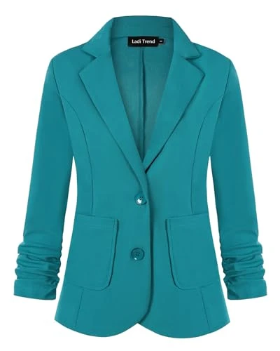 Women's 3/4 Ruched Sleeve Blazer Open Front Lightweight Work Office Suit Jacket (Green XL)