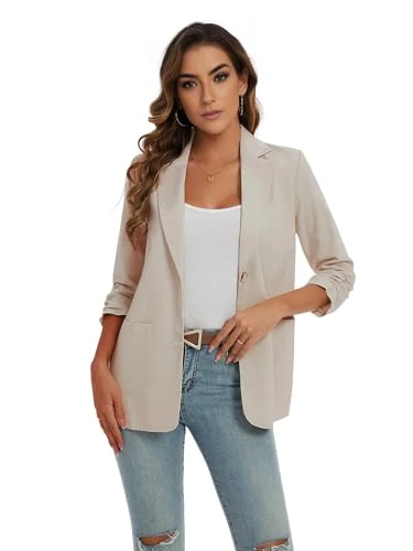 Womens 3/4 Ruched Sleeve UK Elegant Blazers Cotton Linen Jackets Suits Summer Lightweight Outerwear Top Suits Dates Weddings (Beige XL)