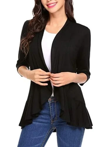 Womens 3/4 Sleeve Cardigan Lightweight Open Front Ruffle Draped Casual Cardigans Top, Black, Medium