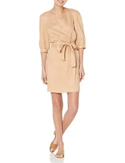 Women's 3/4 Sleeve Linen Wrap Mini Dress, Brush, 4