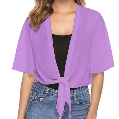 Womens 3/4 Sleeve Sheer Mesh Shrug Tie Front Cropped Bolero Cardigan Purple