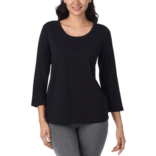 Womens 3/4 Sleeve Sleep Shirt - Lightweight Breathable Pajama Top - Cotton Knit Jersey Crewneck Sleepwear Loungewear, Black, 3X