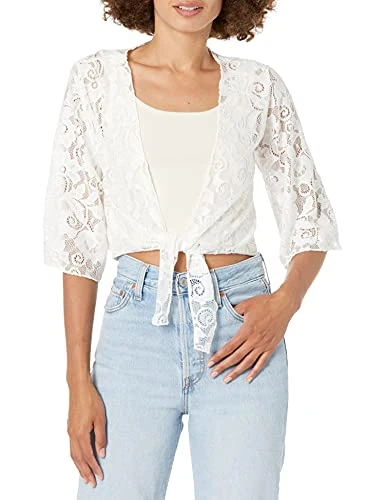 Women's 3/4 Sleeve Stretch Lace Tiefront Shrug Sweater, Ivory, Medium