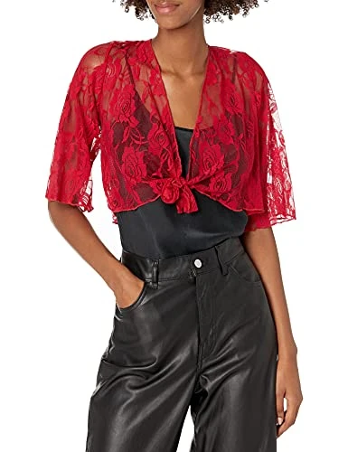 Women's 3/4 Sleeve Stretch Lace Tiefront Shrug Sweater, Red, X-Large