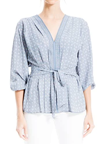 Women's 3/4 Sleeve Tie Front Blouse, Chambray Fleur-de-lis, X-Small