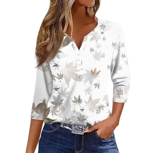 Womens 3/4 Sleeve Tops and Blouses Sport Casual 3/4 Sleeves Women Shirt Comfort V Neck Loose Fit Wom