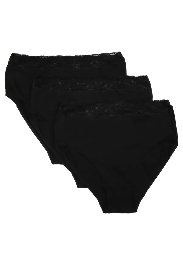 Womens 3pk Black Plain Lace Trim Full Briefs
