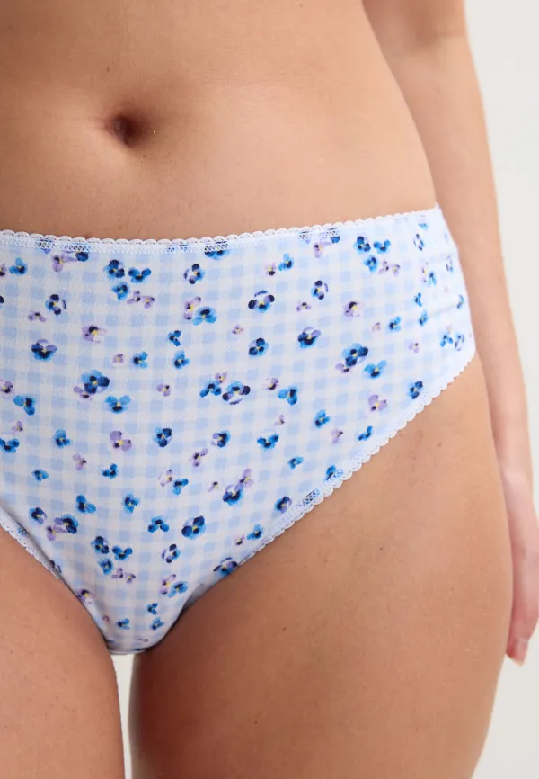 Womens 3pk Blue Gingham Picot Trim High Cut Briefs