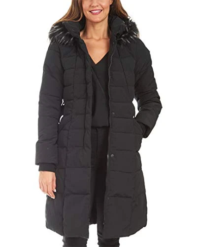 Women's 44" Luxe Fur Hooded Quilted Non-Down Long Puffer Down Alternative Coat, Black, Large