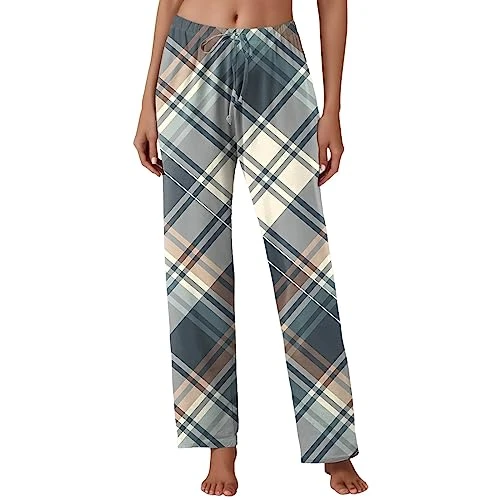 Women's 48 Checked Pyjama Bottoms, Soft Comfort, Loose Checked Trousers, Casual Trousers without Pockets, Rehabilitation Trousers, Women's Lined, beige, XXL