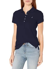 Women's 5-Button Short Sleeve Breathable 100% Cotton Polo Shirt, Navy, M