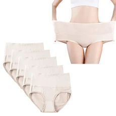 Womens 5 Pack High Waisted Knickers Underwear Stretch Full Briefs Slight Tummy Control Pants Nude + Nude + Nude + Nude + Nude XL
