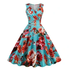 Women's 50s Dresses Vintage Rockabilly Cocktail Dress Sexy Sleeveless Prom Dress Elegant A-line Dress Floral Print Summer Dress Knee-Length V-Neck Evening Dress High Waist Pleated Skirt