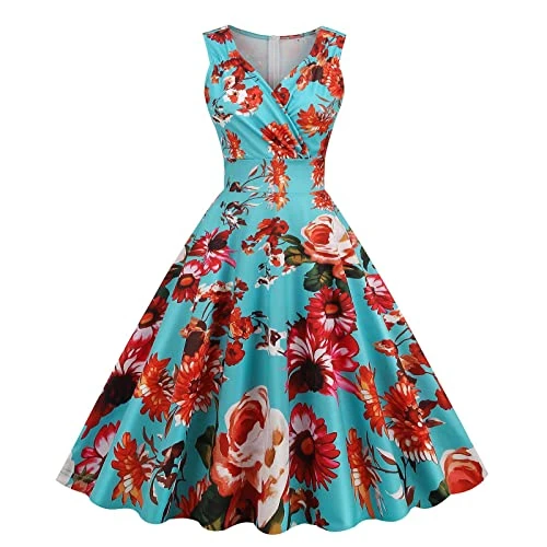 Women's 50s Dresses Vintage Rockabilly Cocktail Dress Sexy Sleeveless Prom Dress Elegant A-line Dress Floral Print Summer Dress Knee-Length V-Neck Evening Dress High Waist Pleated Skirt