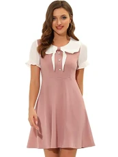 Women's 50s Lolita Contrast Color Peter Pan Collar Dresses A-Line Dress Pink 12 Women's 50s Lolita Contrast Color Peter Pan Collar Dresses A-Line Dress Pink 12