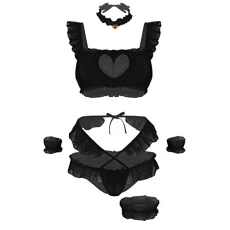 Women's 5Pcs Sexy Japanese Girls Anime Cute Cat Cosplay Costume Keyhole Lingerie Outfits Black One Size