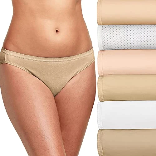 Women's 6-Pack Breathable Cotton Bikini Panty Style Underwear, Soft Taupe, White, Nude, Light Buff, Nude Heather, Sugar Flower Sweet Dot, 8