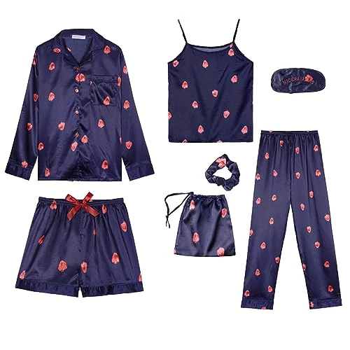 Women's 7-Piece Set with Long Sleeves, Shorts, Suspenders, Loungewear Pyjama Set, Women's Pyjamas, Flannel Pyjamas, Women's Satin Pyjamas, Women's Cuddly Pyjamas, Silk Women, blue, XL