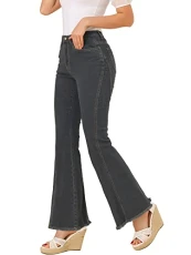 Women's 70s Vintage Flare Jeans High Waist Stretch Denim Bell Bottoms Jeans, Black-grey, S