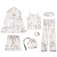 Womens 7PCS Satin Pyjama Set Spring Summer Autumn Tops & Pants Shorts Sleepwear Flower B SN07655 XL