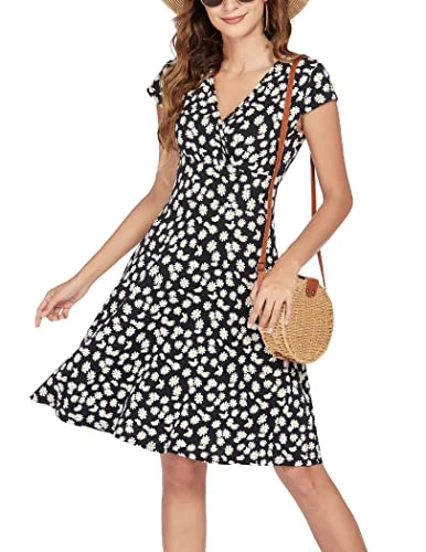Women's A-line dress, V-neck, floral dress, elegant summer dresses, short sleeve casual dress, jersey dress, knee-length swing stretchy dresses, Black-daisy, L