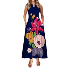 Women's A-line Maxi Long Dress Sleeveless Floral Print with Pocket Print Summer Round Neck Stylish W