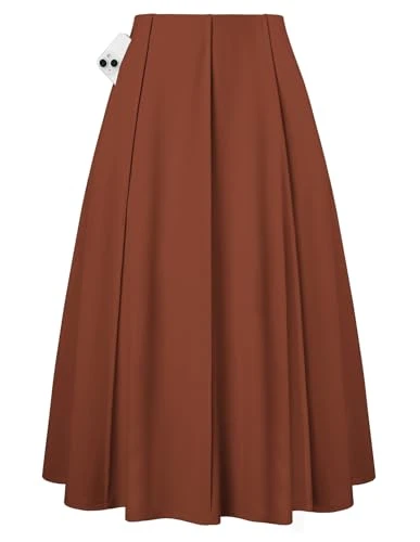 Women's A ine Pleated Midi Skirt Elegant Elastic Autumn Skirt with Pockets Brown L