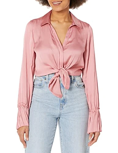 Women's Abriana Shirt Long Button Down Blouse Pleated Sleeve Cuff in Lipstick Pink, X-Small