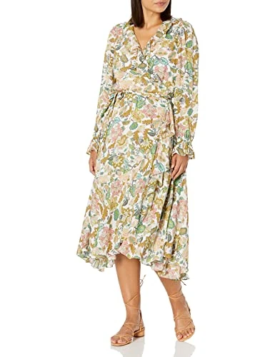 Women's Angelique Long Sleeve Wrap Ruffle Dress, Botanical Print, X-Large
