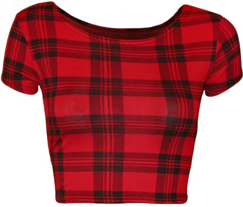 Womens Animal Aztec Skull Camo Print Cap Sleeve Ladies Short Crop Top - Red Tartan - 8-10