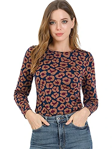 Women's Animal Leopard Pattern Sweatshirt Crew Neck 3/4 Sleeve Knit Pullover Top L Black