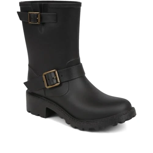 Women's Ankle Boot Wellies in Black - Waterproof Wellington Boots with Decorative Buckle Details - L