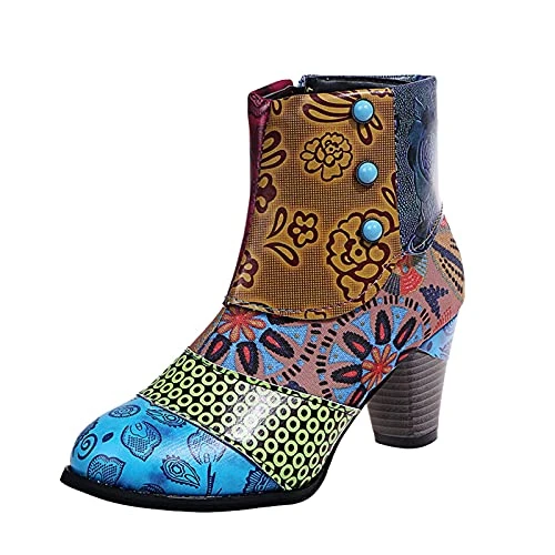 Women's Ankle Boots with Heel Fashion Women's Shoes Breathable Chunky High Heels Retro Zip Splicing 