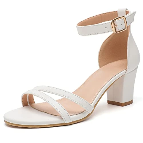 Women's Ankle Strap Block Heel Bridal Sandals Wedding Party Evening Prom Open Toe Sandals White 4 UK