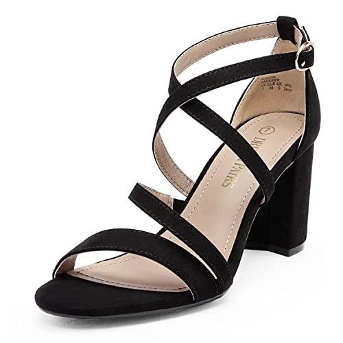 Women's Ankle Strap Dress Heeled Sandals for Low Chunky Block Heels MADISON,Size 8,BLACK/SUEDE,MADIS