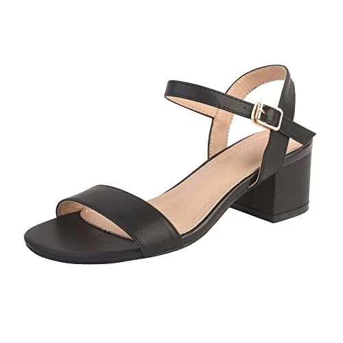 Women's Ankle Strap Low Block Heel Open Toe Sandals Black 6 UK