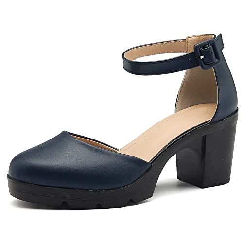 Women's Ankle Strap Platform Court Shoes Mid Heel Mary Jane Oxfords Dress Shoes New Blue 8 UK