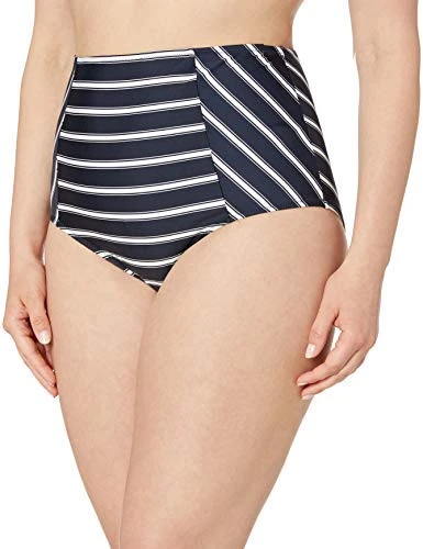 Women's Apparel high Waisted Bikini Brief Bottoms, Navy Stripe, Large
