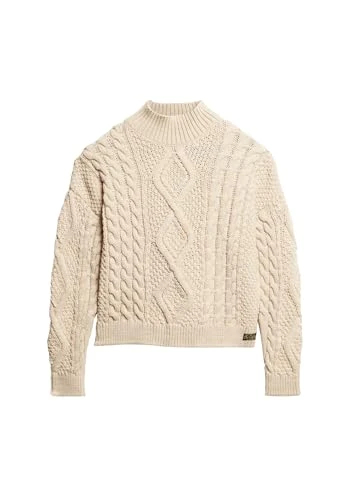 Women's Aran Cable Knit Polo Jumper Sweater, Ecru, UK 10