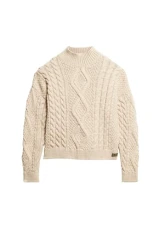 Women's Aran Cable Knit Polo Jumper Sweater, Ecru, UK 10