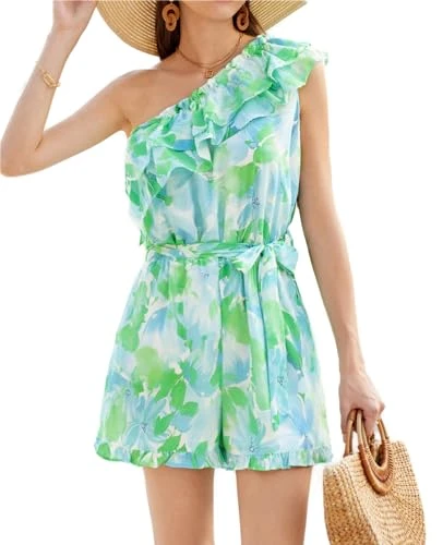 Women's Asymmetric One-Shoulder Oblique Neck Playsuit Elastic Waist Romper White-Blue Green L