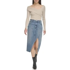 Women's Asymmetric Slit Denim Skirt, blue, 2
