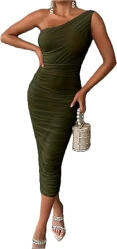 Women's Asymmetrical Dress, Women's Party Dress, Weddings, Cocktail, Chiffon Dress, Green Hunt, M