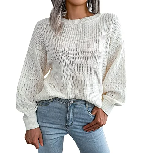 Women's Autumn Long Sleeve Crew Neck Plain Cable Knit Chunky Knit Casual Oversized Pullover Tops Short Knitted Vest Women's Long Sleeve Elegant Crew Neck Knitted Jumper Casual Elegant Jumper, White, M