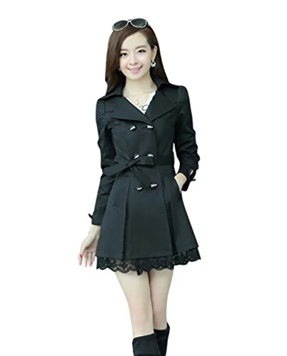 Womens Autumn Long Trench Coat Lapel Double Breasted Overcoats Belted Lace Outwear Parka (Black, CN 