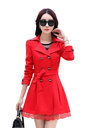 Womens Autumn Long Trench Coat Lapel Double Breasted Overcoats Belted Lace Outwear Parka (Red, CN L)