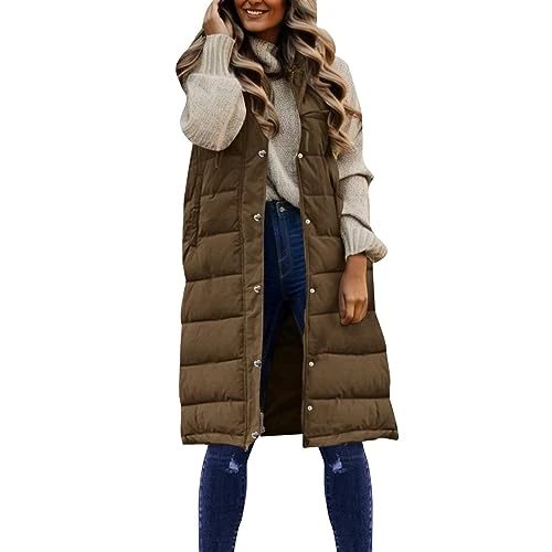 Women's Autumn Winter Casual Hoodie with Zip Pockets, Warm, Padded Coat Dress with Trousers Underneath Quilted Coat Women's Long Winter, 4-0115D-Khaki, M