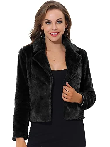 Women's Autumn Winter Cropped Jacket Notch Lapel Faux Fur Fluffy Coat Black M