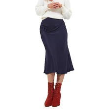 Women's Autumnal Floral Elasticated Waist Bias Cut Satin Midi Skirt, Navy, 10